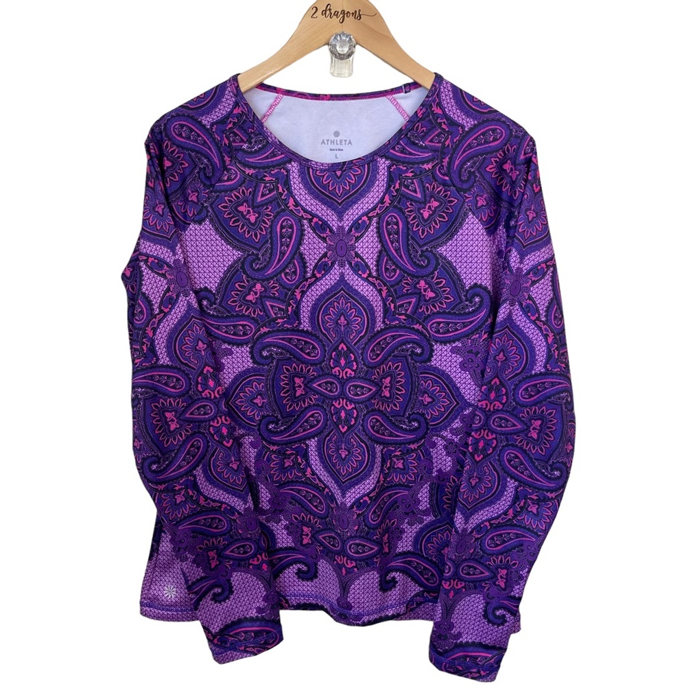 Athleta: Purple and Pink, Paisley, Athletic, long sleeve shirt,thumb hol…